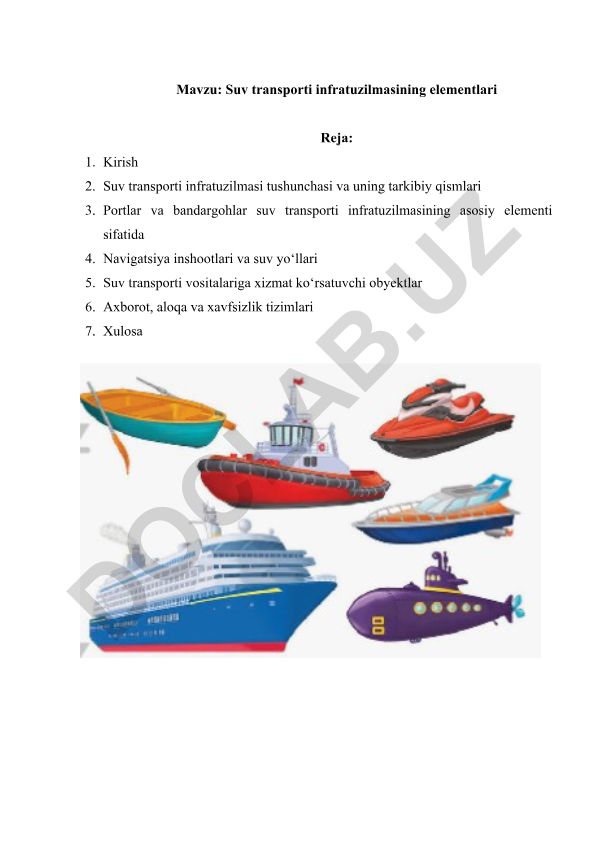 Suv transporti infratuzilmasining elementlari