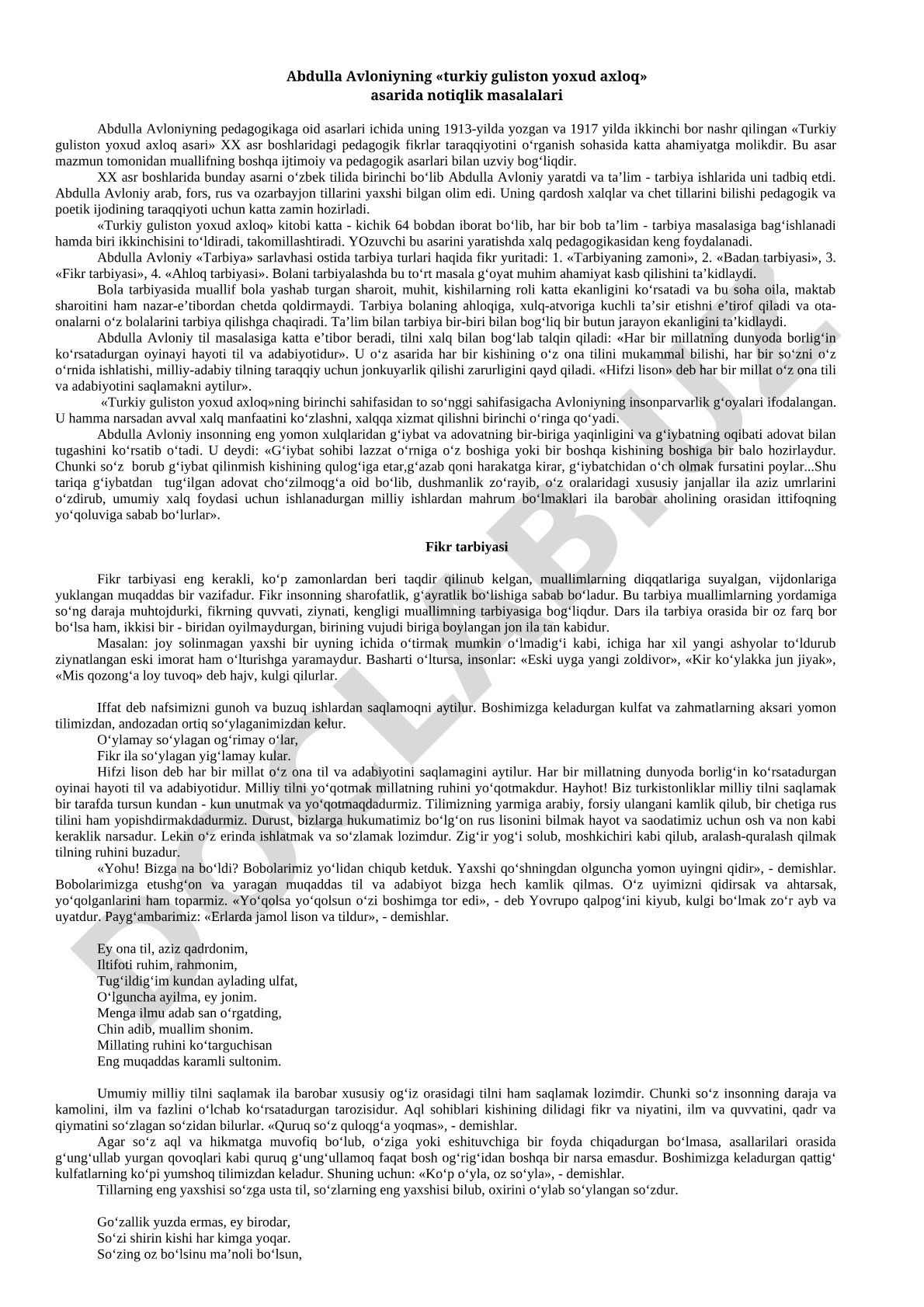 Abdulla Avloniyning «Turkiy guliston yoxud axloq» asarida notiqlik masalalari