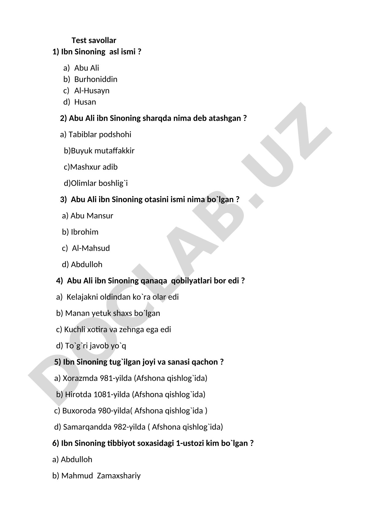 Ibn Sino haqida test savollari