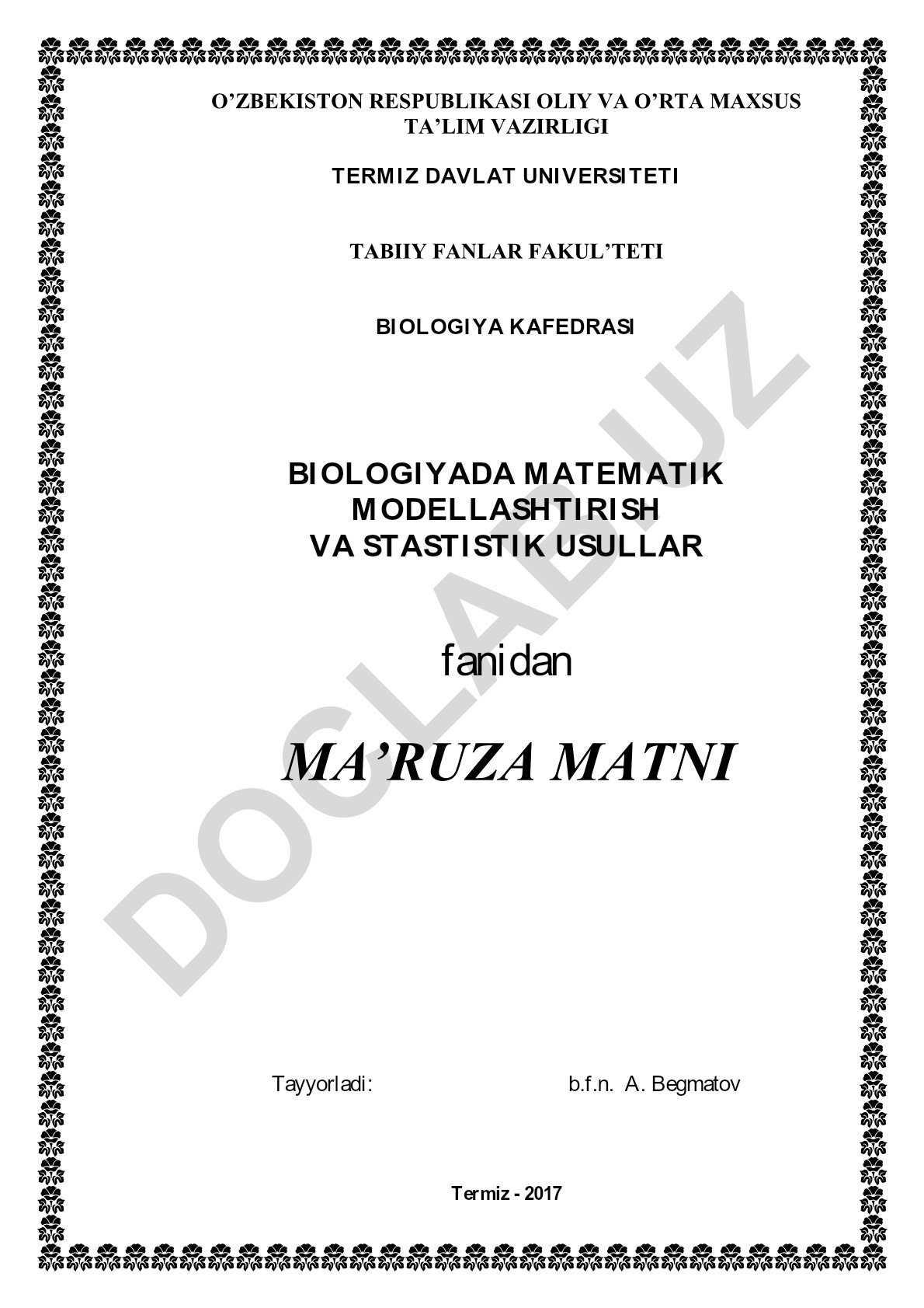 Biologiyada matematik modellashtirish va statistika usullariga kirish