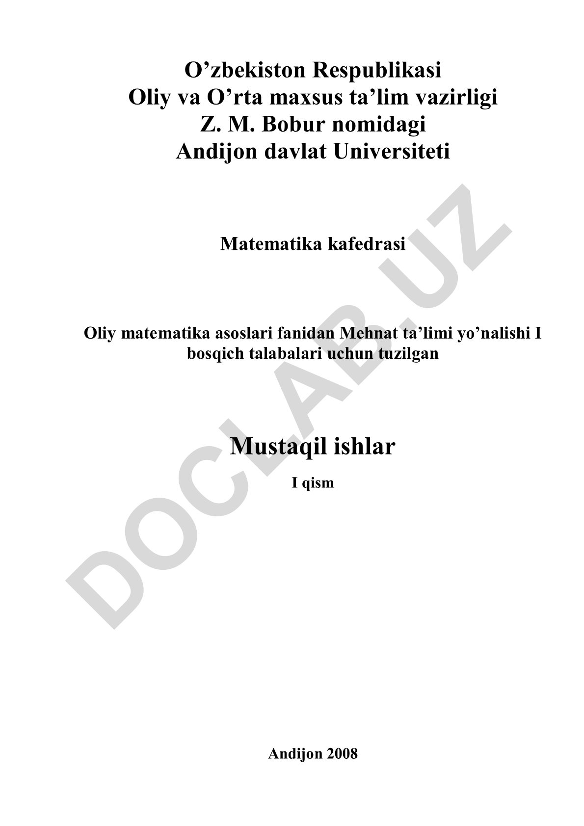 Oliy matematika asoslari fanidan mustaqil ishlar uslubiy qo'llanmasi