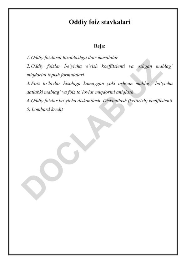 Oddiy foiz stavkalari va moliya matematikasi