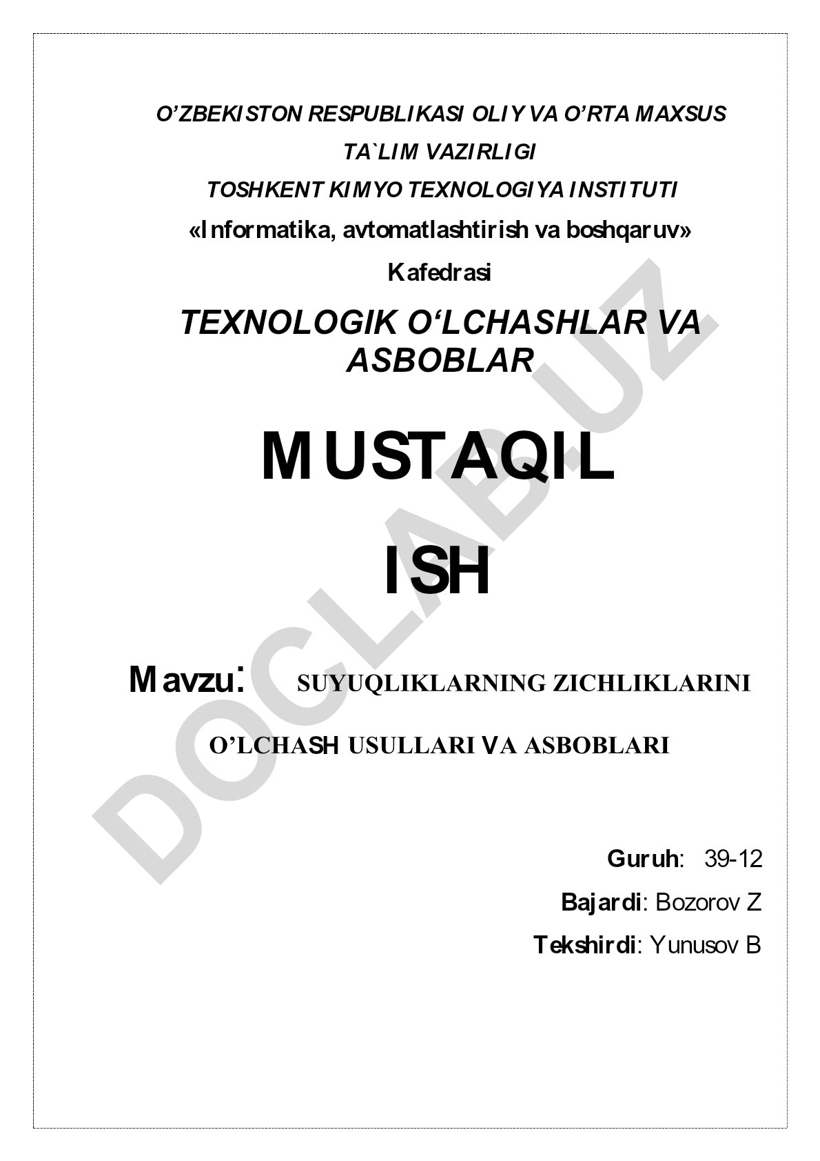 Suyuqliklarning zichliklarini o'lchash usullari va asboblari