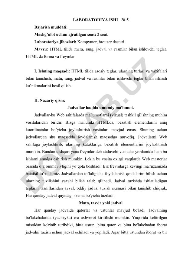 HTML tilida matn, rang, jadval va rasmlar bilan ishlovchi teglar