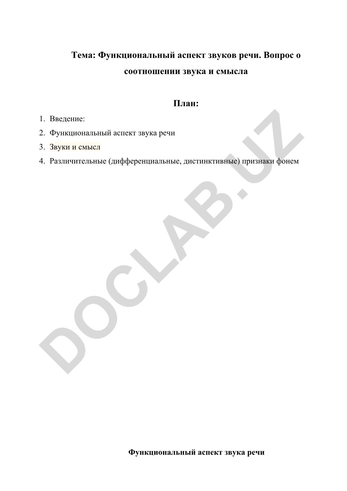 Функциональный аспект звуков речи. Вопрос о соотношении звука и смысла