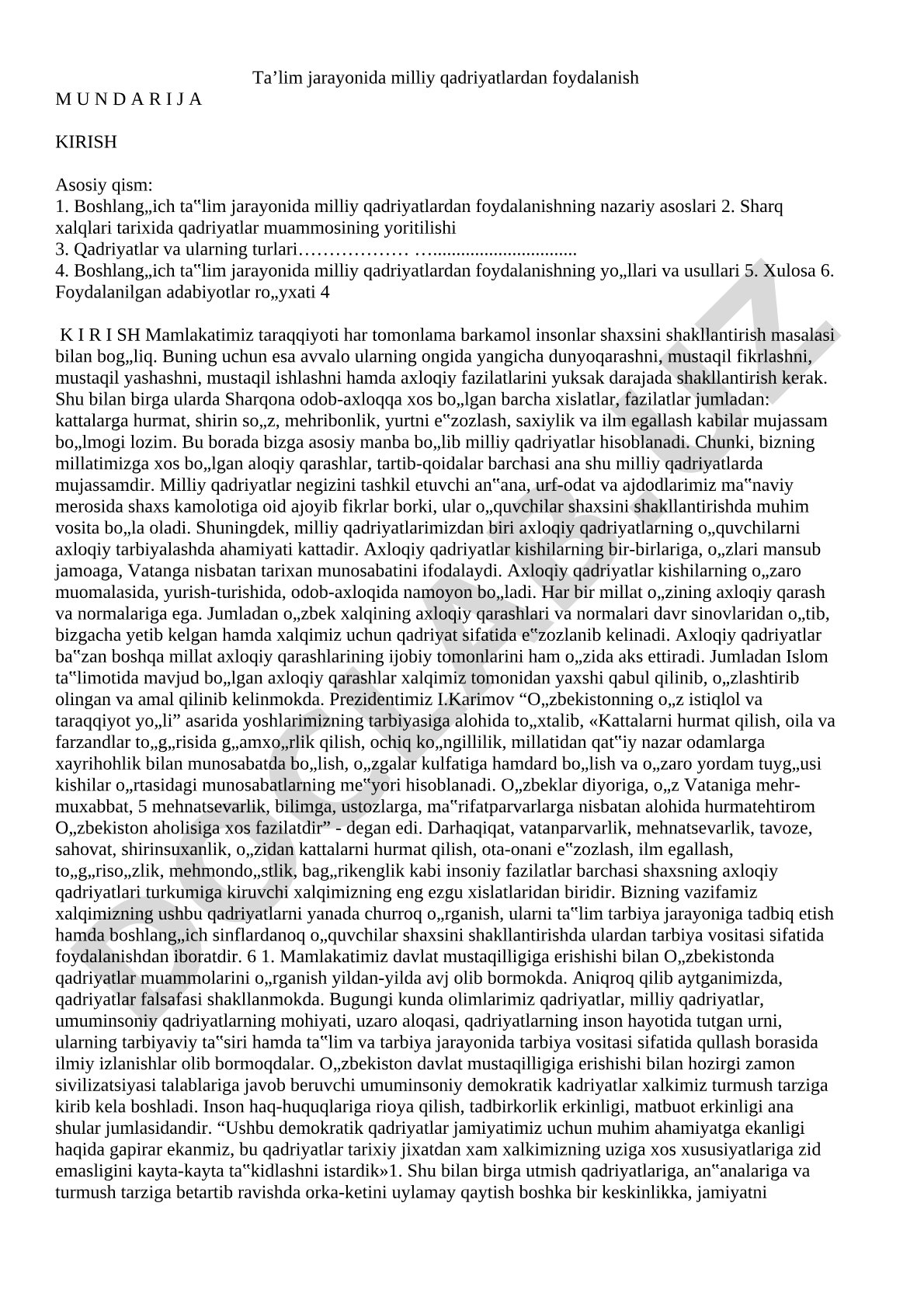 Boshlang'ich ta'lim jarayonida milliy qadriyatlardan foydalanish