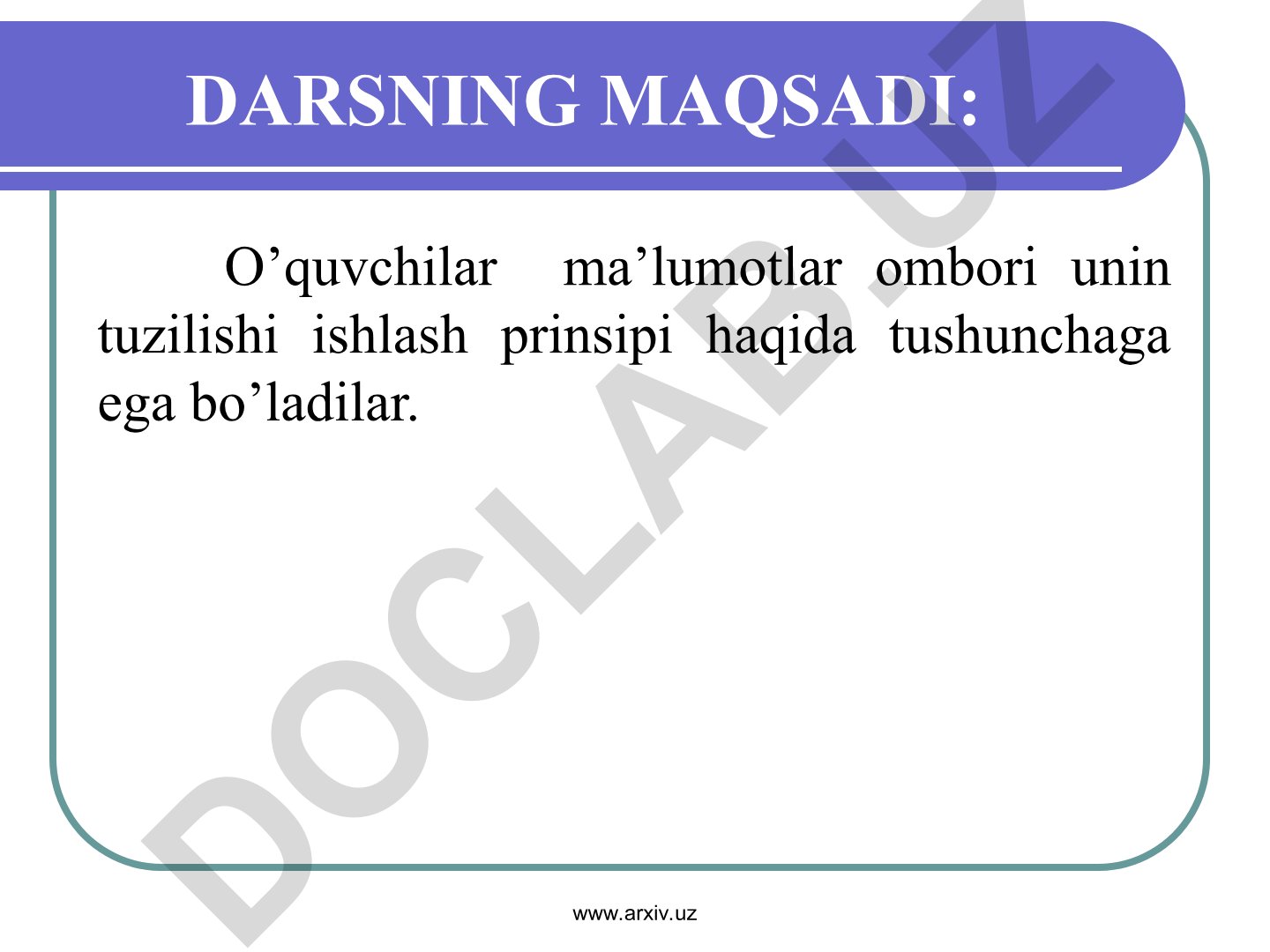 Ma'lumotlar ombori tuzilishi va ishlash prinsiplari