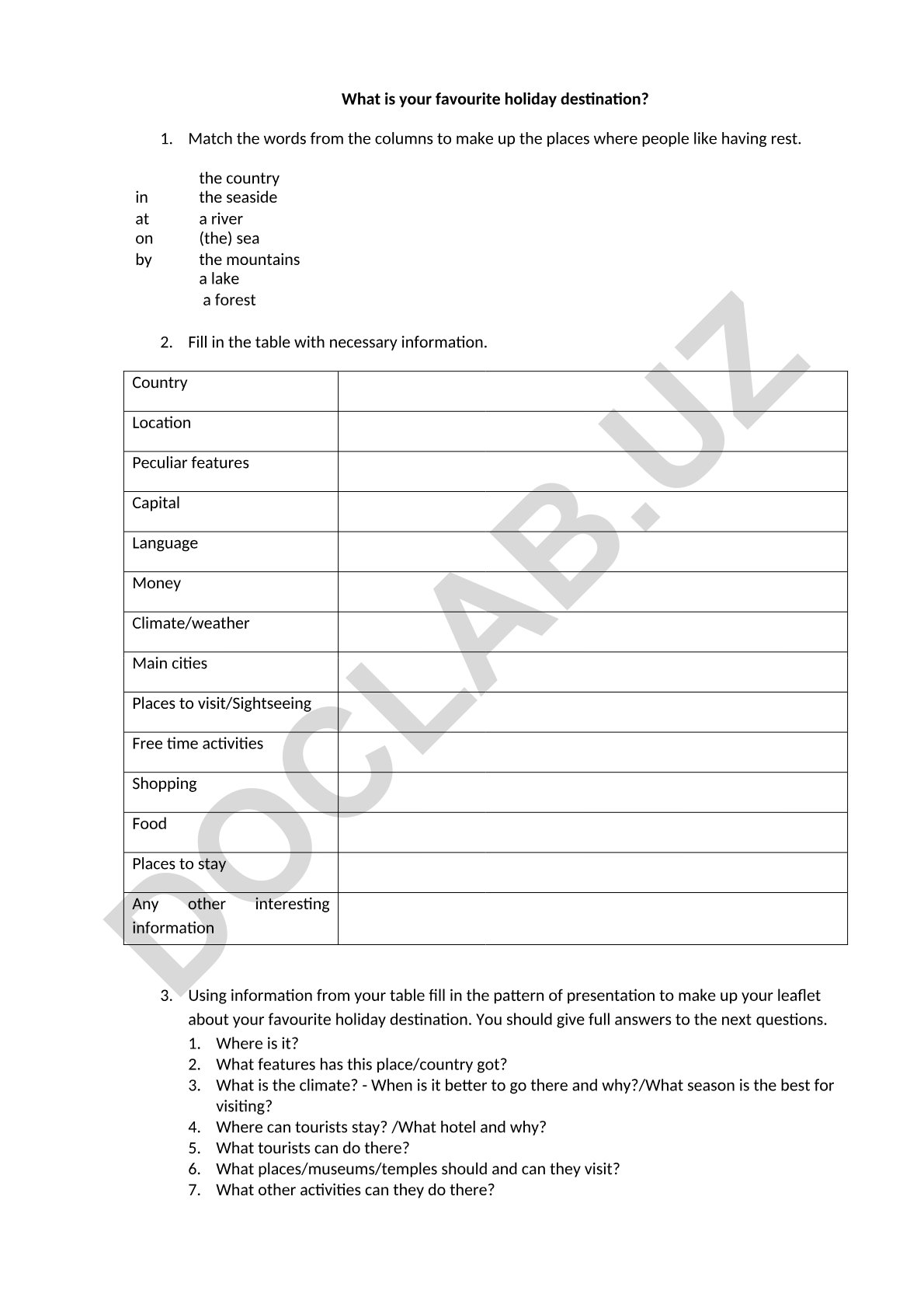 Holiday destination leaflet creation exercise