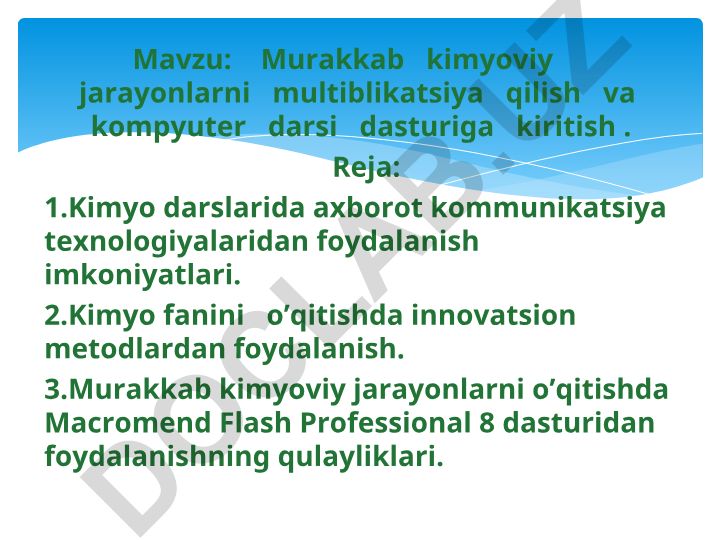 Murakkab kimyoviy jarayonlarni multiblikatsiya qilish va kompyuter darsi dasturiga kiritish