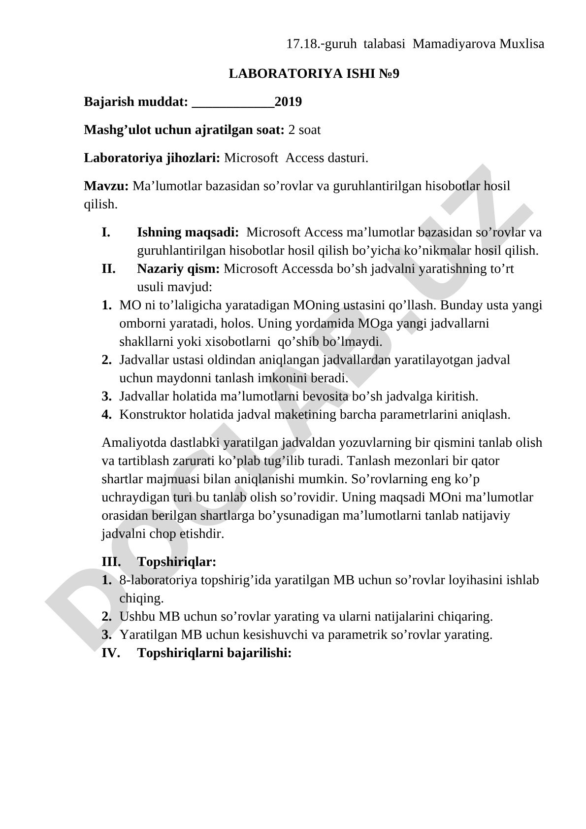 Ma'lumotlar bazasidan so'rovlar va guruhlantirilgan hisobotlar hosil qilish