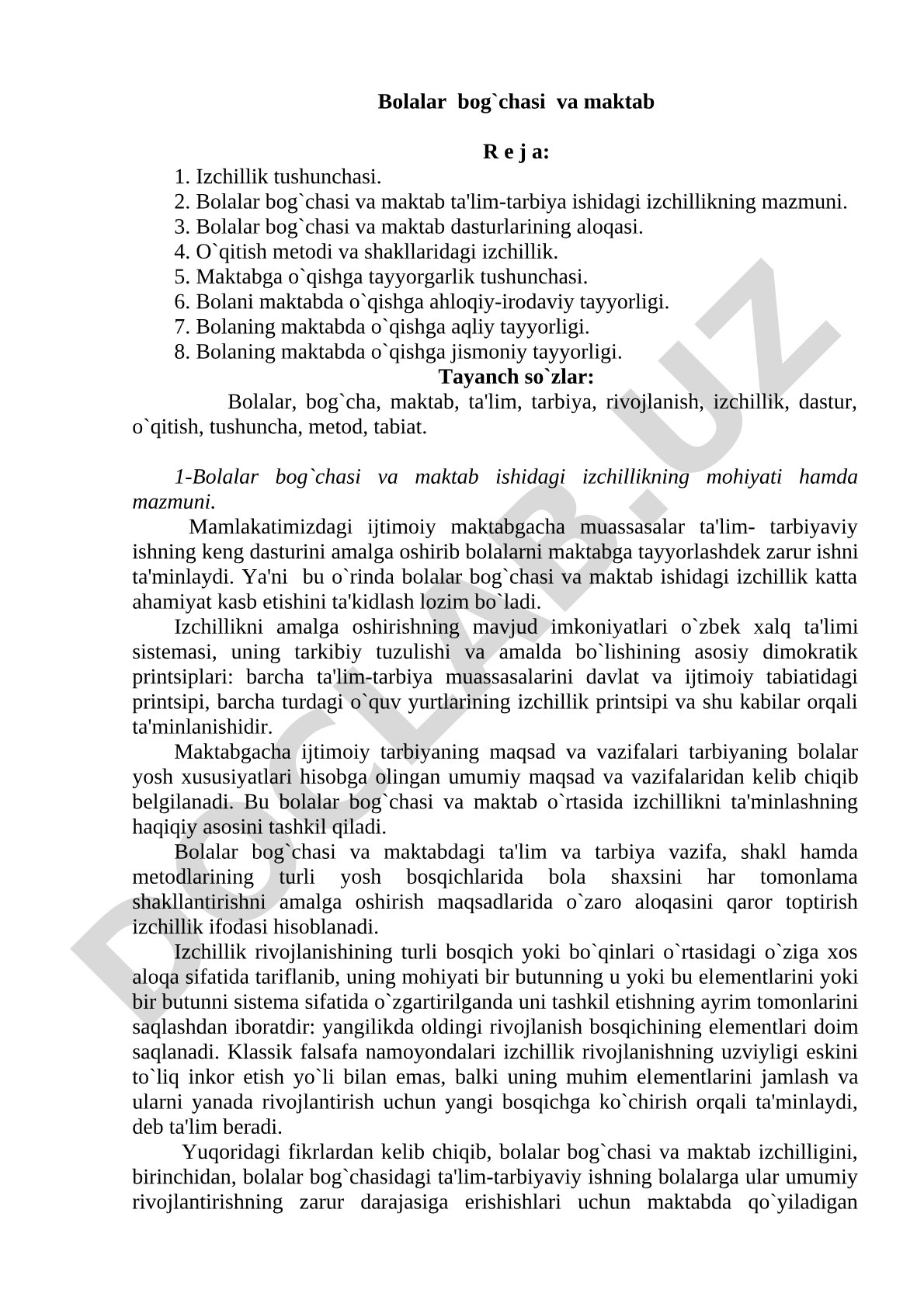 Bolalar bog'chasi va maktab ta'lim-tarbiya ishidagi izchillik