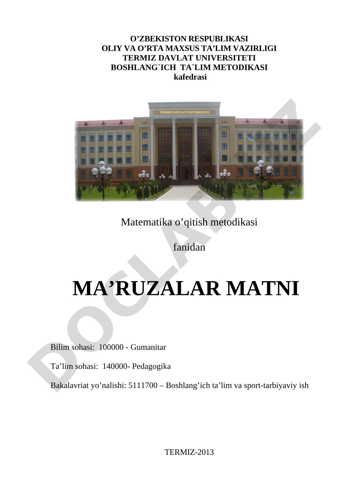 Boshlang'ich sinflarda matematika o'qitish metodikasi ma'ruzalar matni