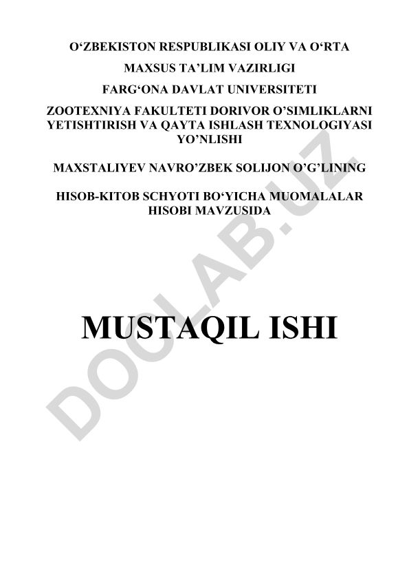 Hisob-kitob schyotiga doir muomalalar hisobi