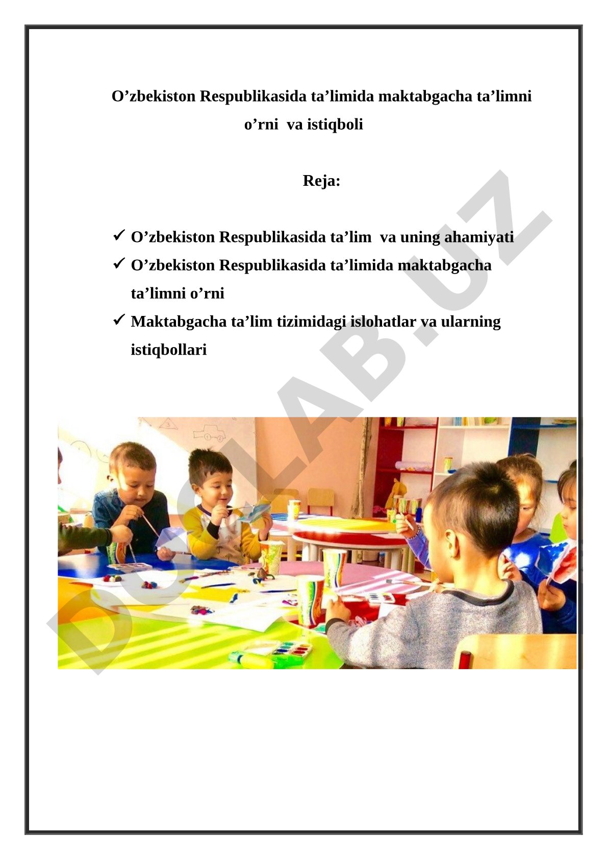 O'zbekiston Respublikasida maktabgacha ta'limning o'rni va istiqboli