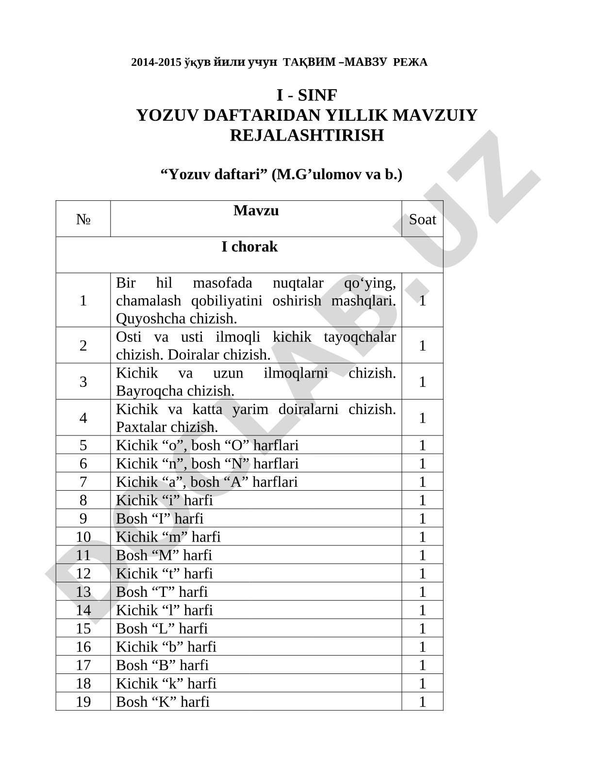 1-sinf yozuv daftari yillik mavzuiy rejalashtirish