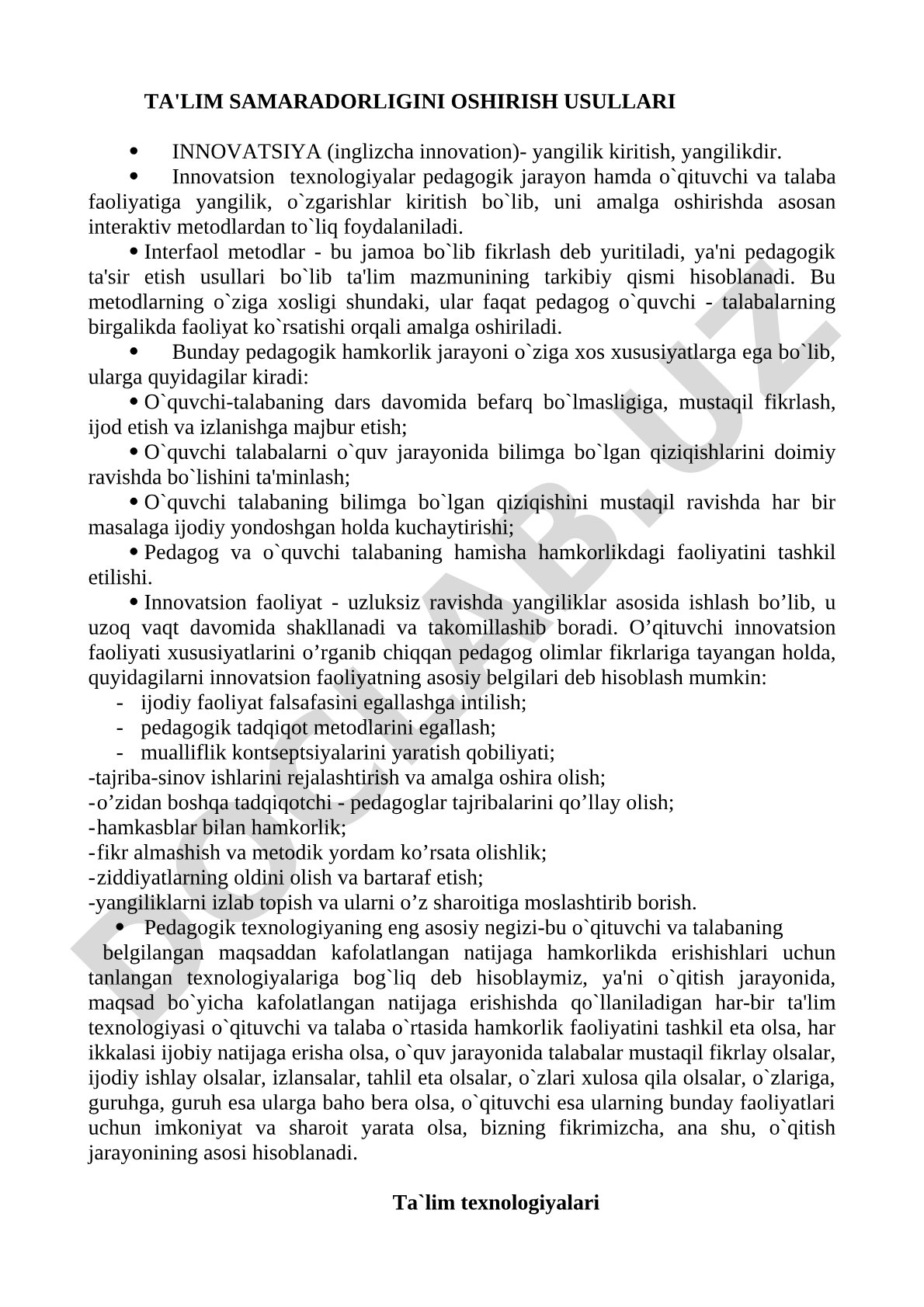 Ta'lim samaradorligini oshirish usullari va innovatsion texnologiyalar