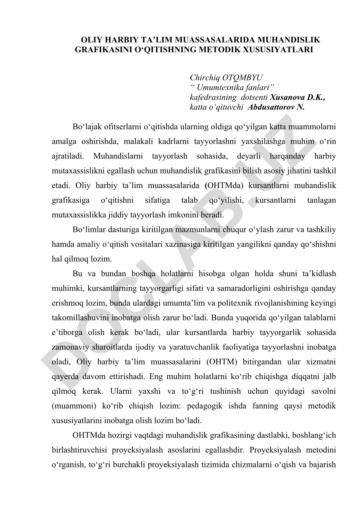 Oliy harbiy ta’lim muassasalarida muhandislik grafikasini o‘qitishning metodik xususiyatlari