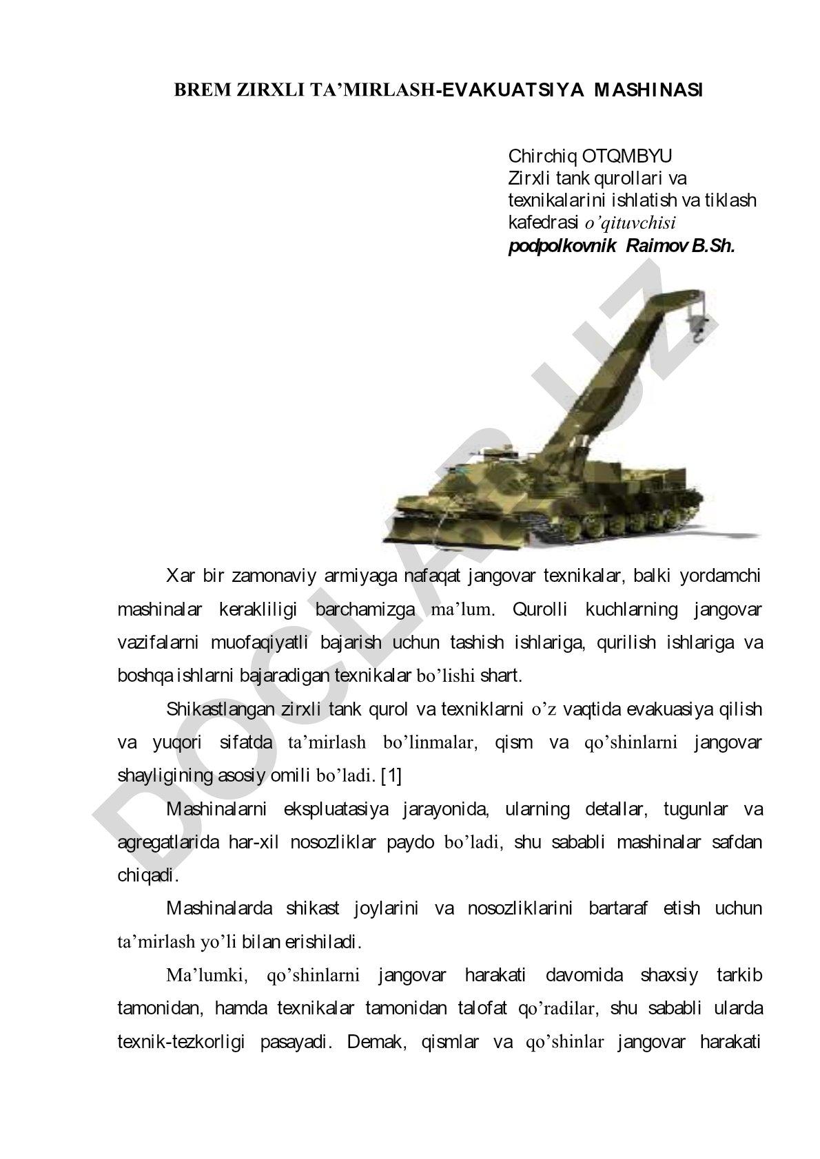 BREM zirxli ta'mirlash-evakuatsiya mashinasi