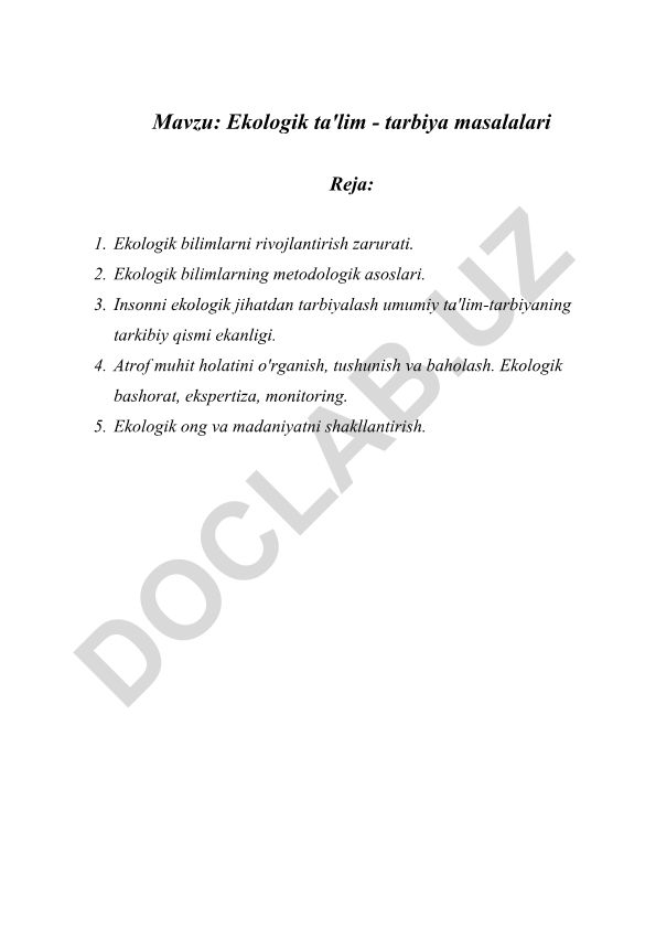 Ekologik ta'lim - tarbiya masalalari