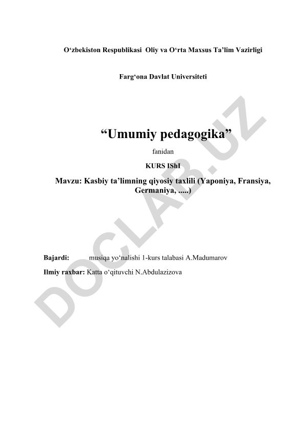 Kasbiy ta'limning qiyosiy taxlili (Yaponiya, Fransiya, Germaniya, Janubiy Koreya, Xitoy, Hindiston, Indoneziya)