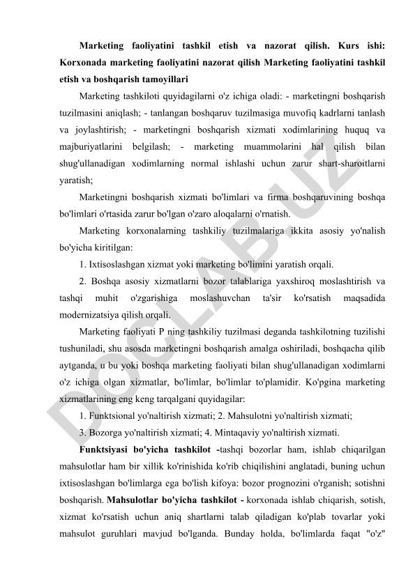 Korxonada marketing faoliyatini tashkil etish va nazorat qilish
