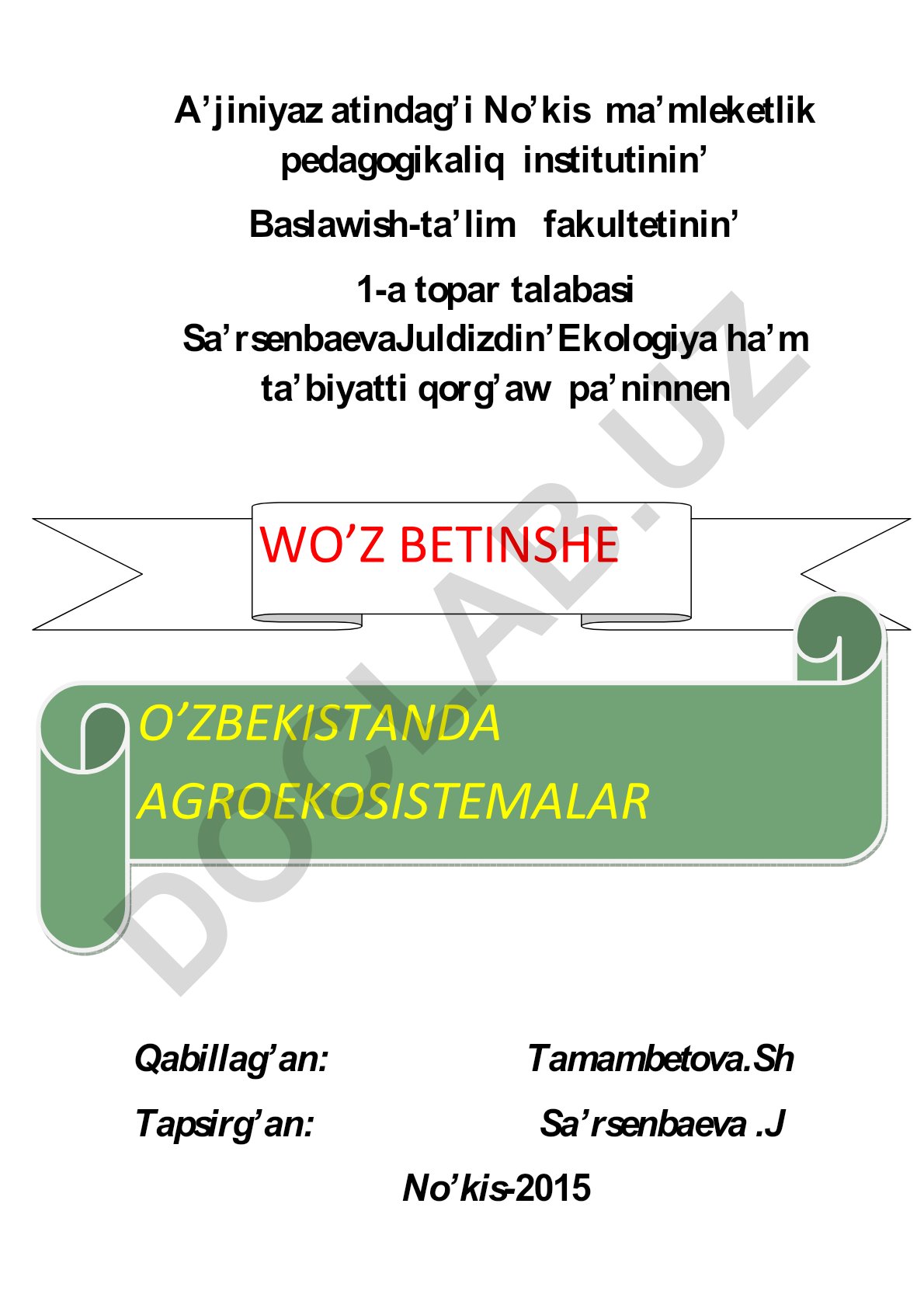 O'zbekistonda agroekosistemalar rejesi