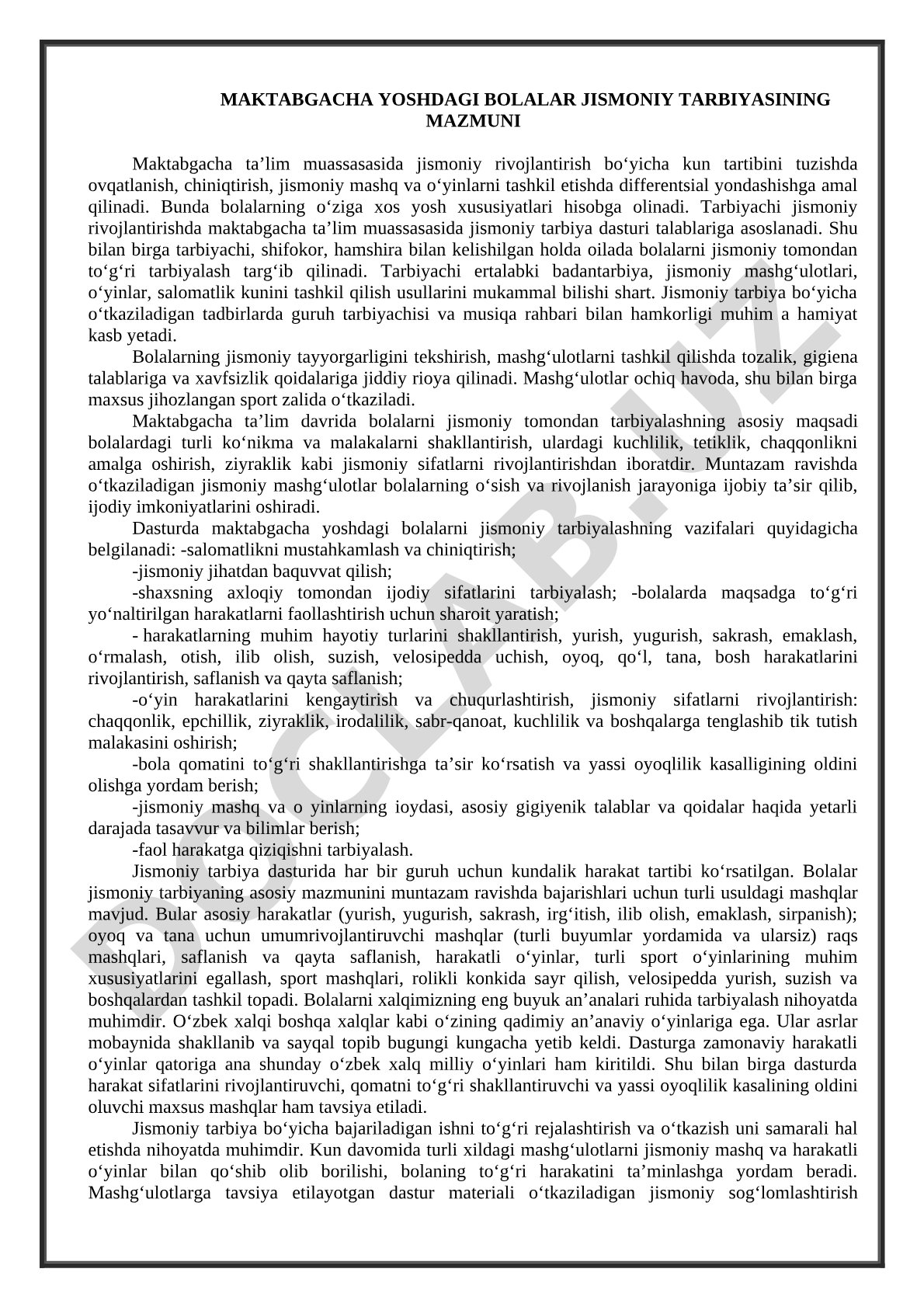 Maktabgacha yoshdagi bolalar jismoniy tarbiyasining mazmuni