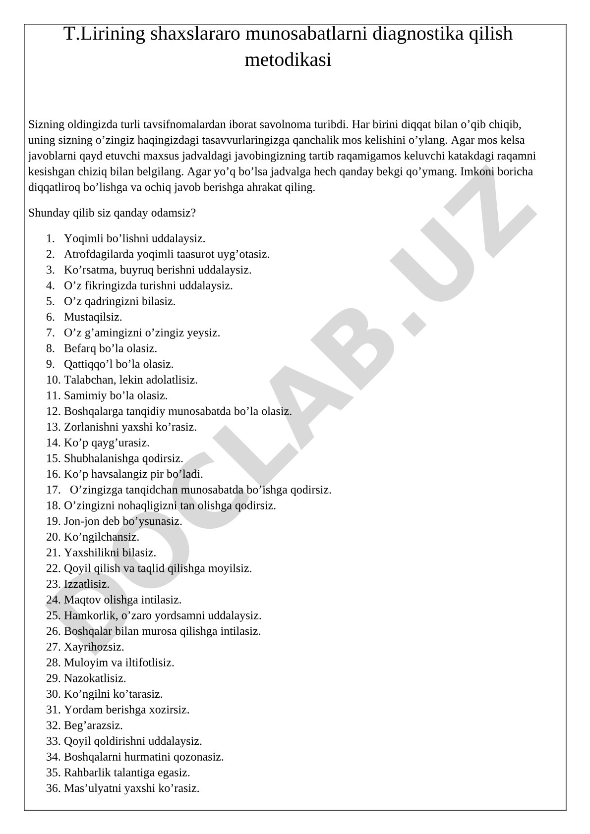 T.Lirining shaxslararo munosabatlarni diagnostika qilish metodikasi