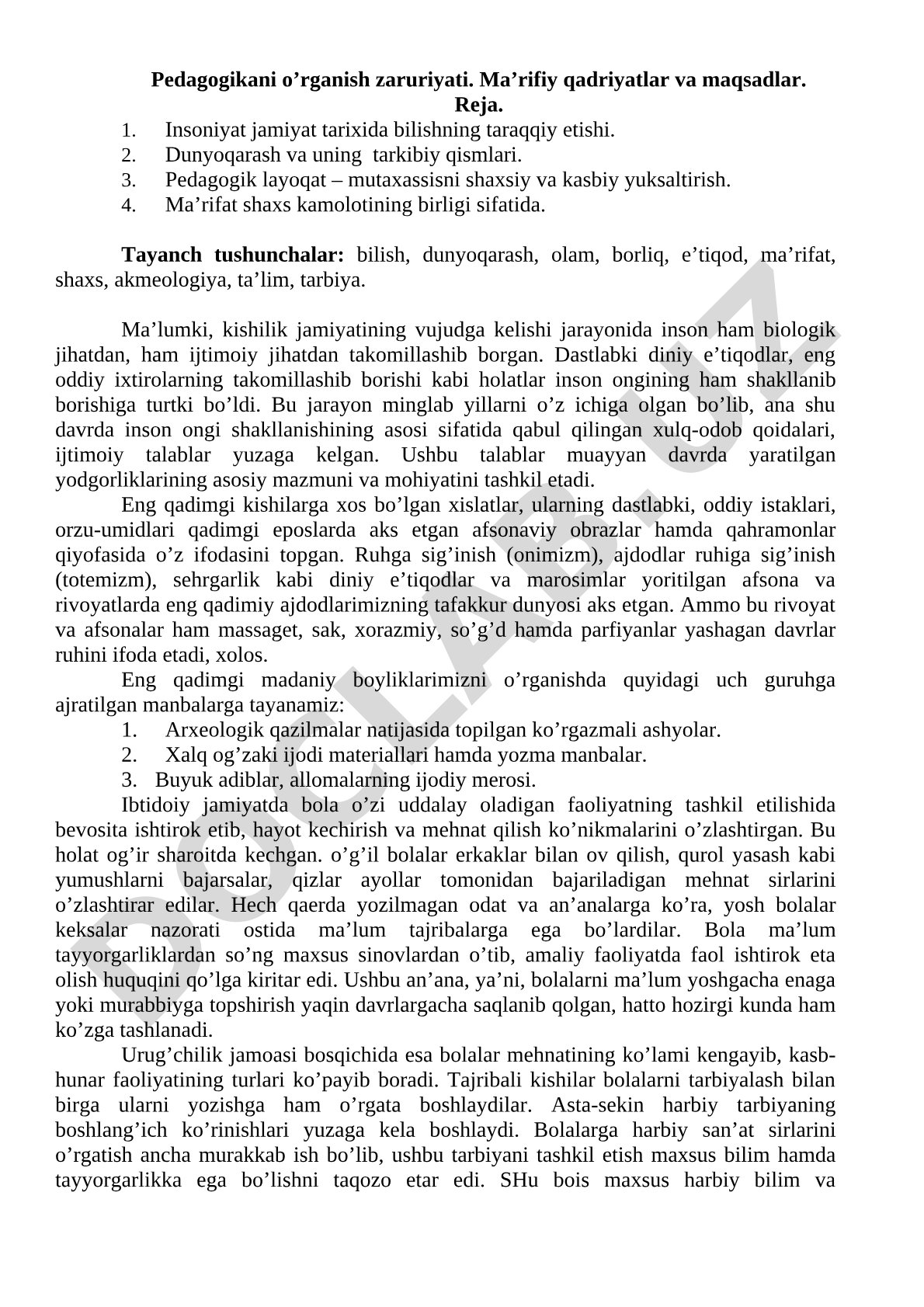 Pedagogikani o'rganish zaruriyati va ma'rifiy qadriyatlar