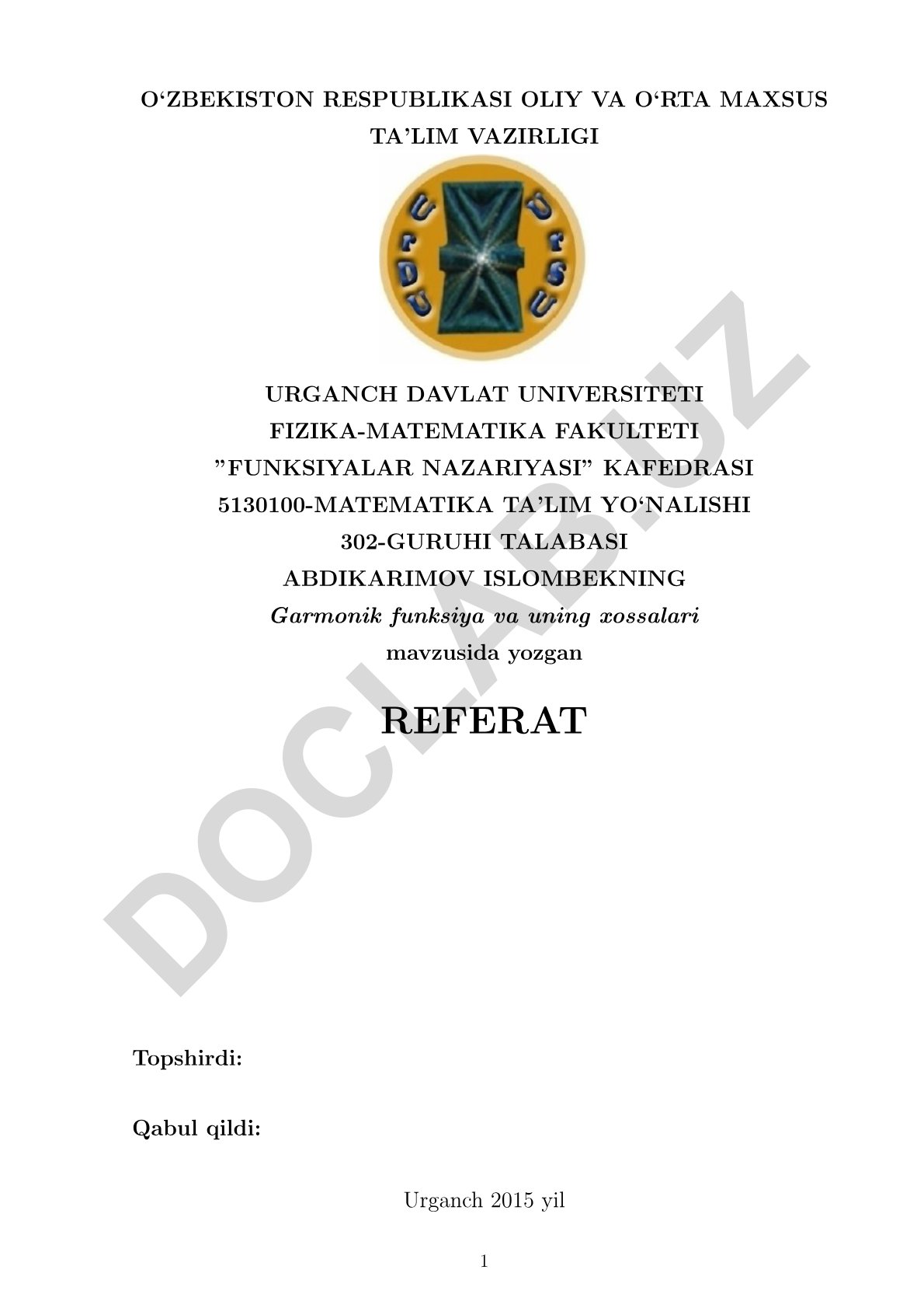 Garmonik funksiya va uning xossalari