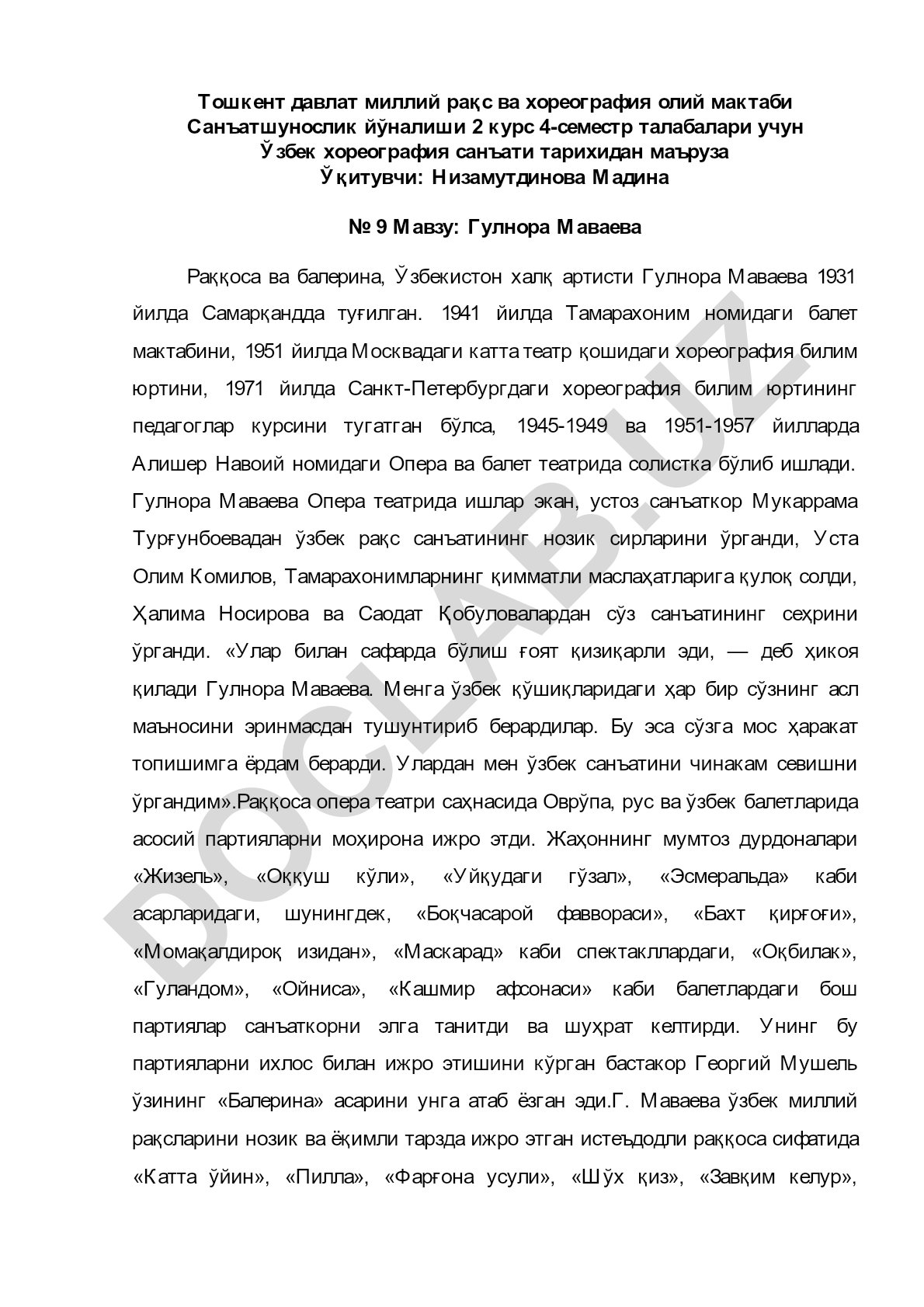 Гулнора Маваева Раққоса ва балерина, Ўзбекистон халқ артисти