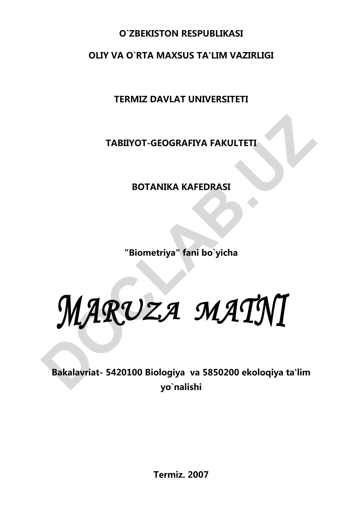 Biometriya fanining mazmuni va matematik usullar