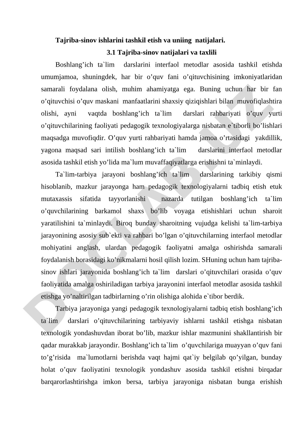 Tajriba-sinov ishlarini tashkil etish va uning natijalari