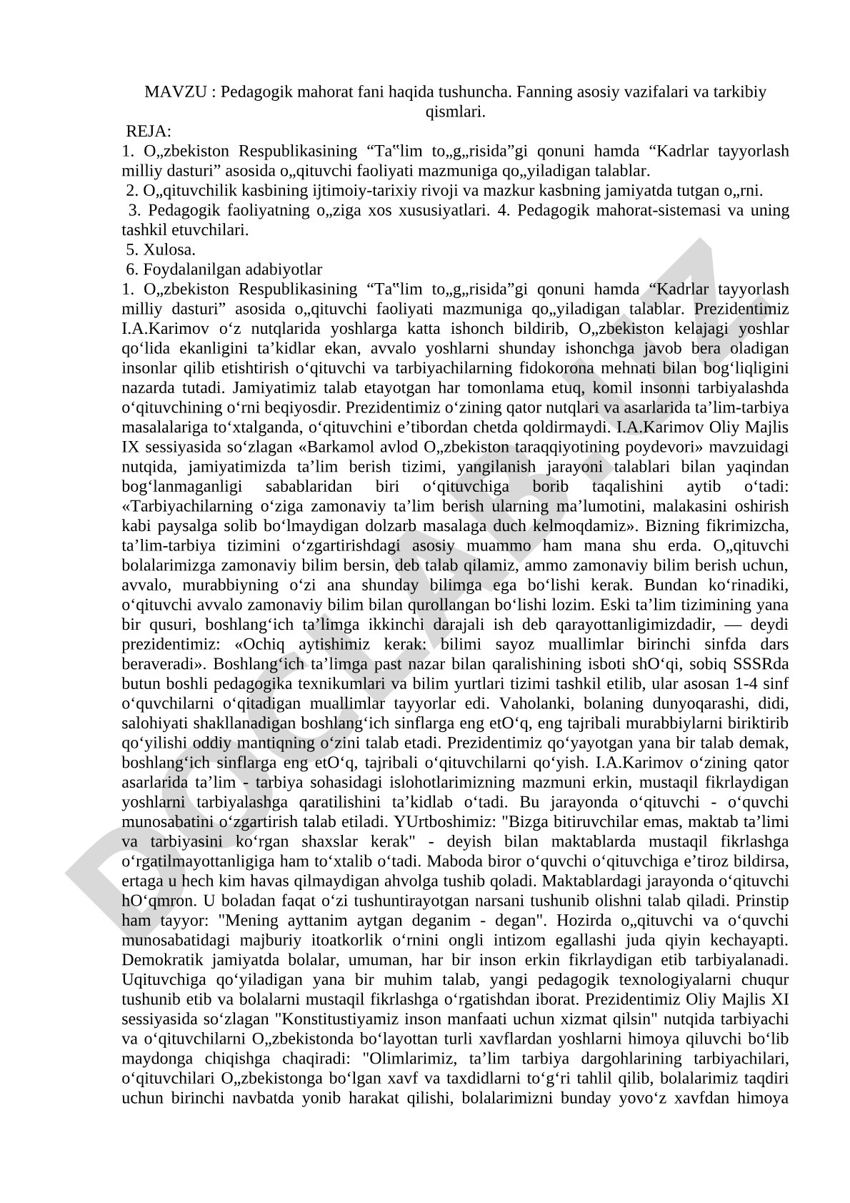 Pedagogik mahorat fani haqida tushuncha. Fanning asosiy vazifalari va tarkibiy qismlari