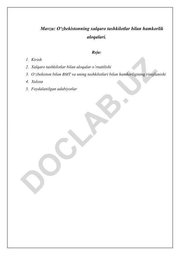 O‘zbekistonning xalqaro tashkilotlar bilan hamkorlik aloqalari