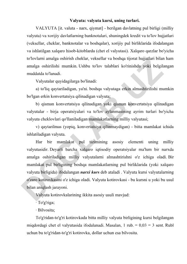 Valyuta kursi va uning turlari