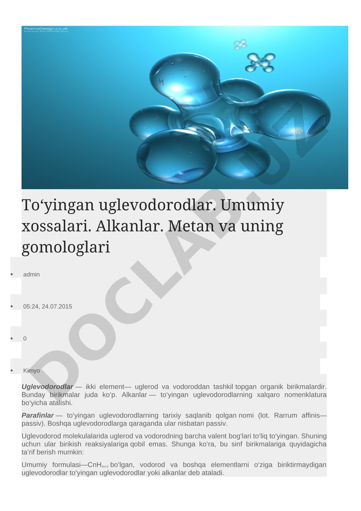 To‘yingan uglevodorodlar. Alkanlar. Metan va uning gomologlari