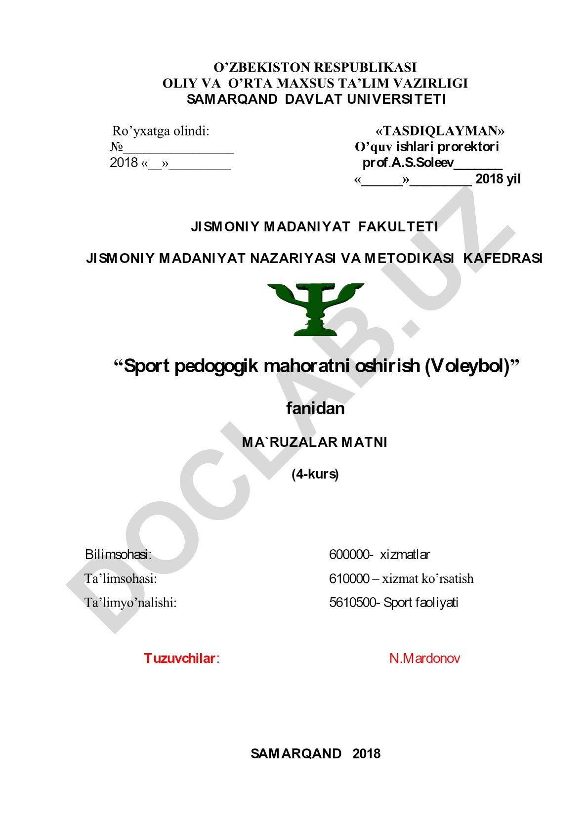 Sport pedogogik mahoratni oshirish (Voleybol) fanidan ma'ruzalar matni