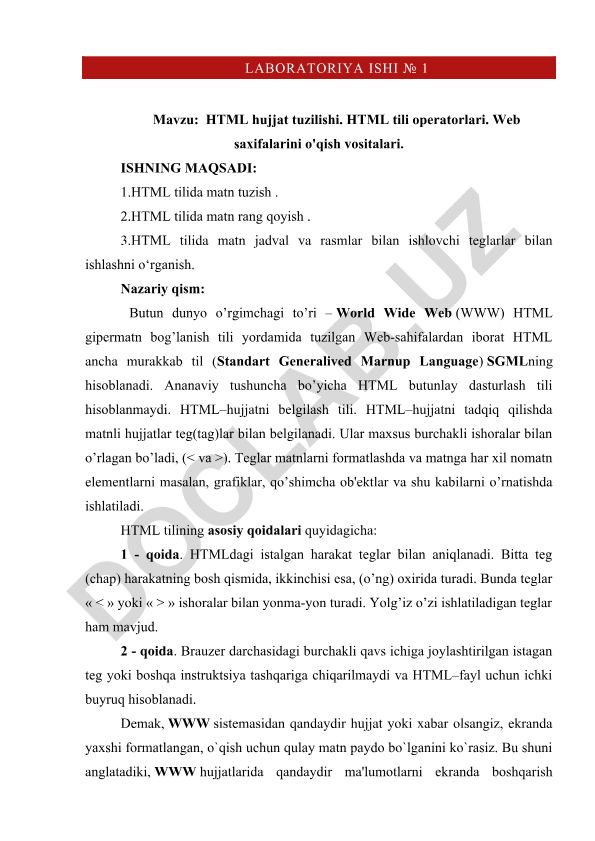 HTML hujjat tuzilishi va operatorlari