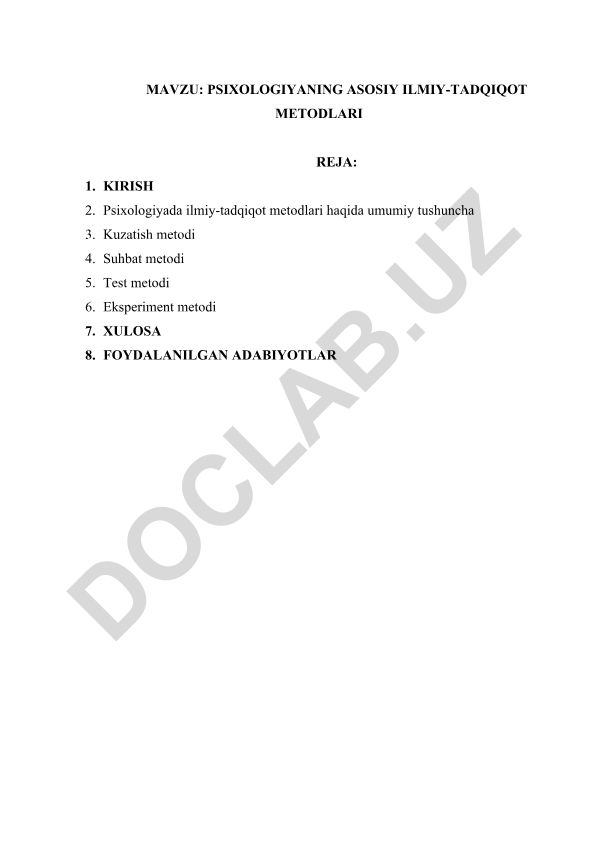 Psixologiyaning asosiy ilmiy-tadqiqot metodlari