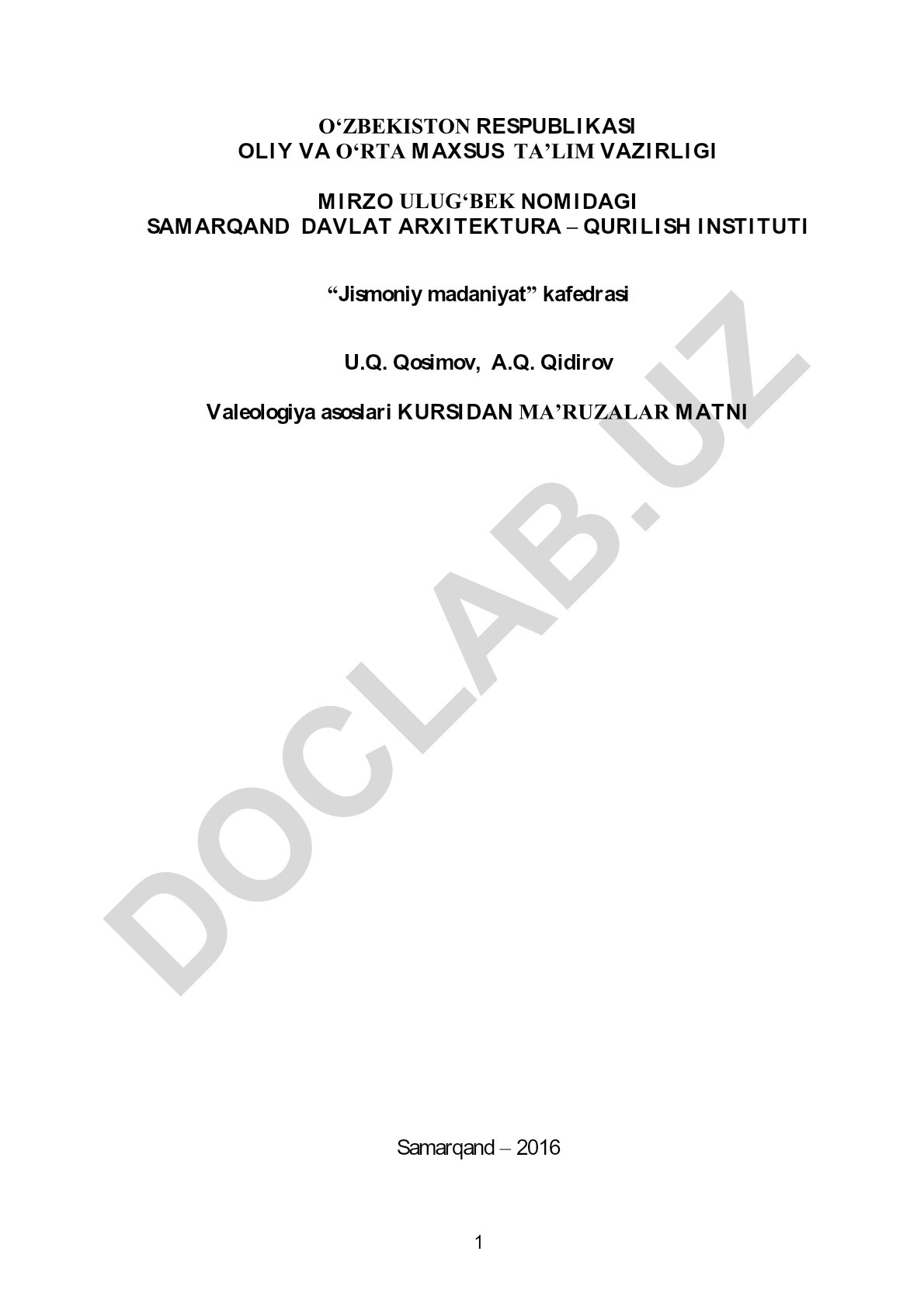 Valeologiya asoslari kursidan ma'ruzalar matni