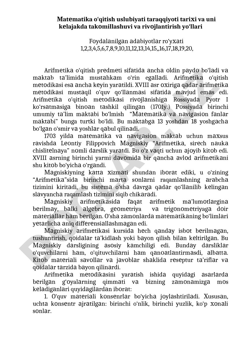 Matematika o‘qitish uslubiyati taraqqiyoti tarixi va uni kelajakda takomillashuvi va rivojlantirish yo‘llari