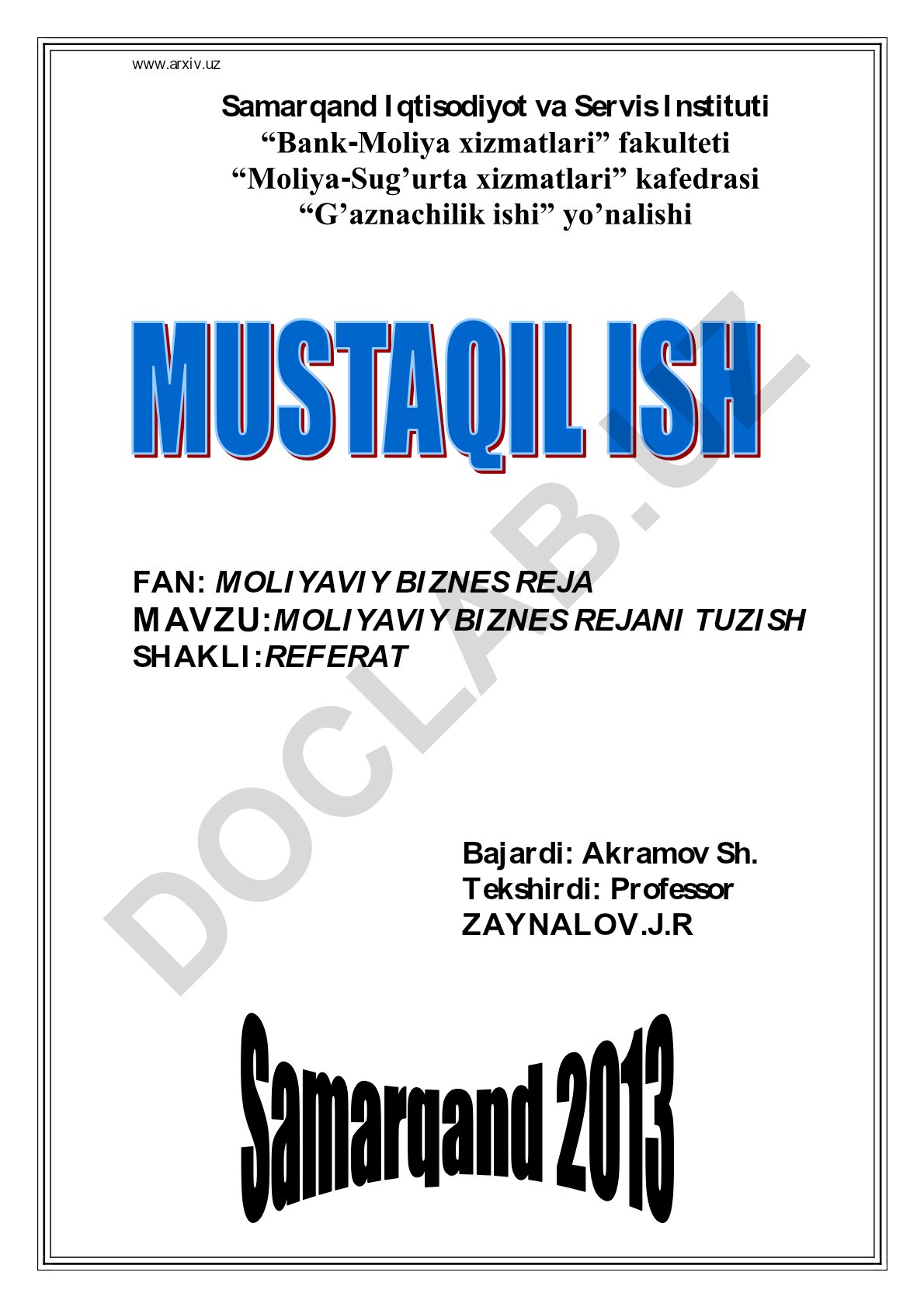 Moliyaviy biznes rejani tuzish