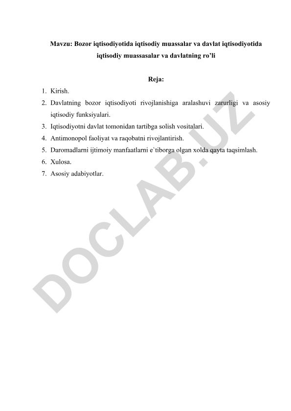 Bozor iqtisodiyotida iqtisodiy muassalar va davlatning ro'li