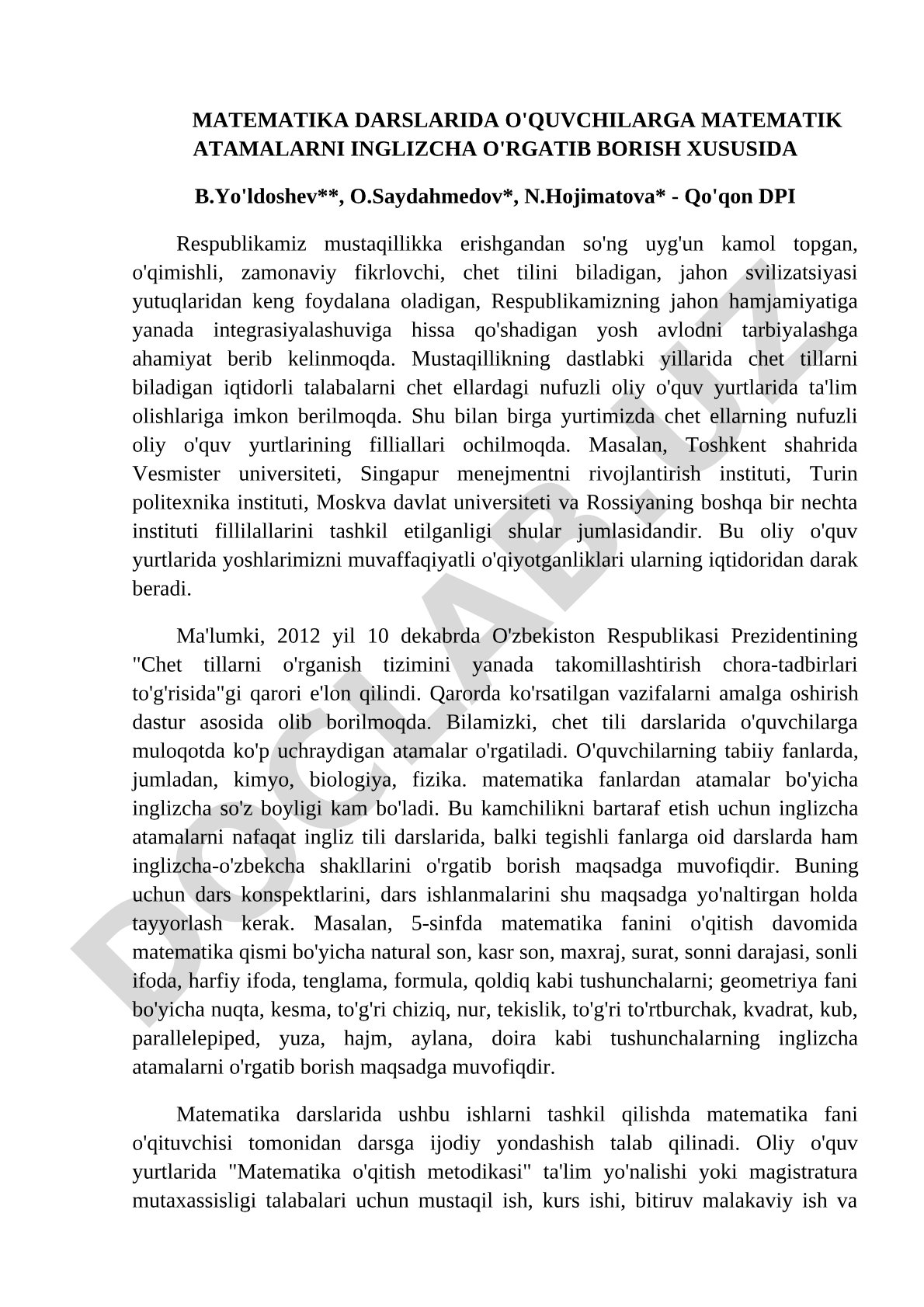 Matematika darslarida o'quvchilarga matematik atamalarni inglizcha o'rgatib borish xususida