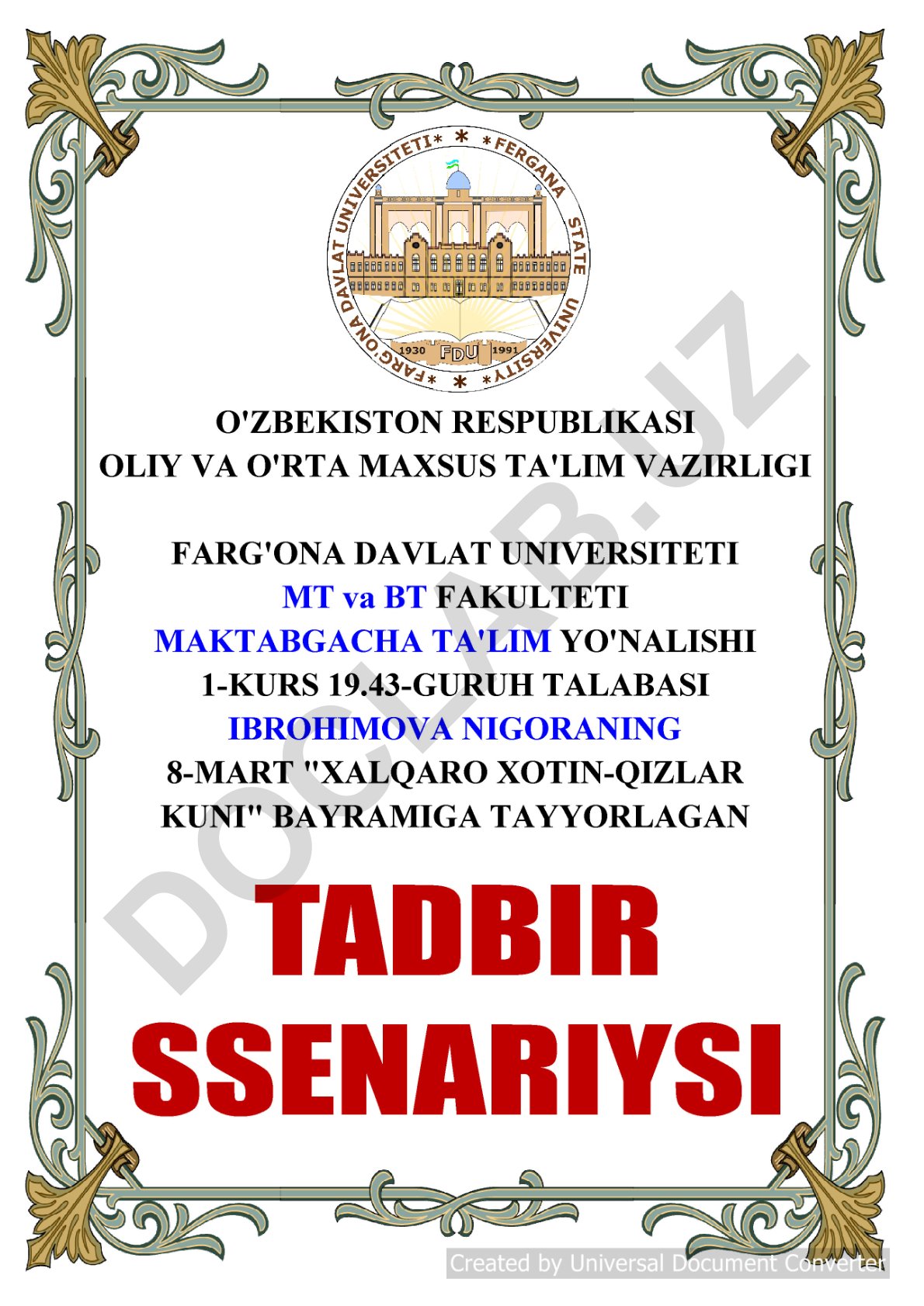 8-Mart Onajonlar bayrami senariysi