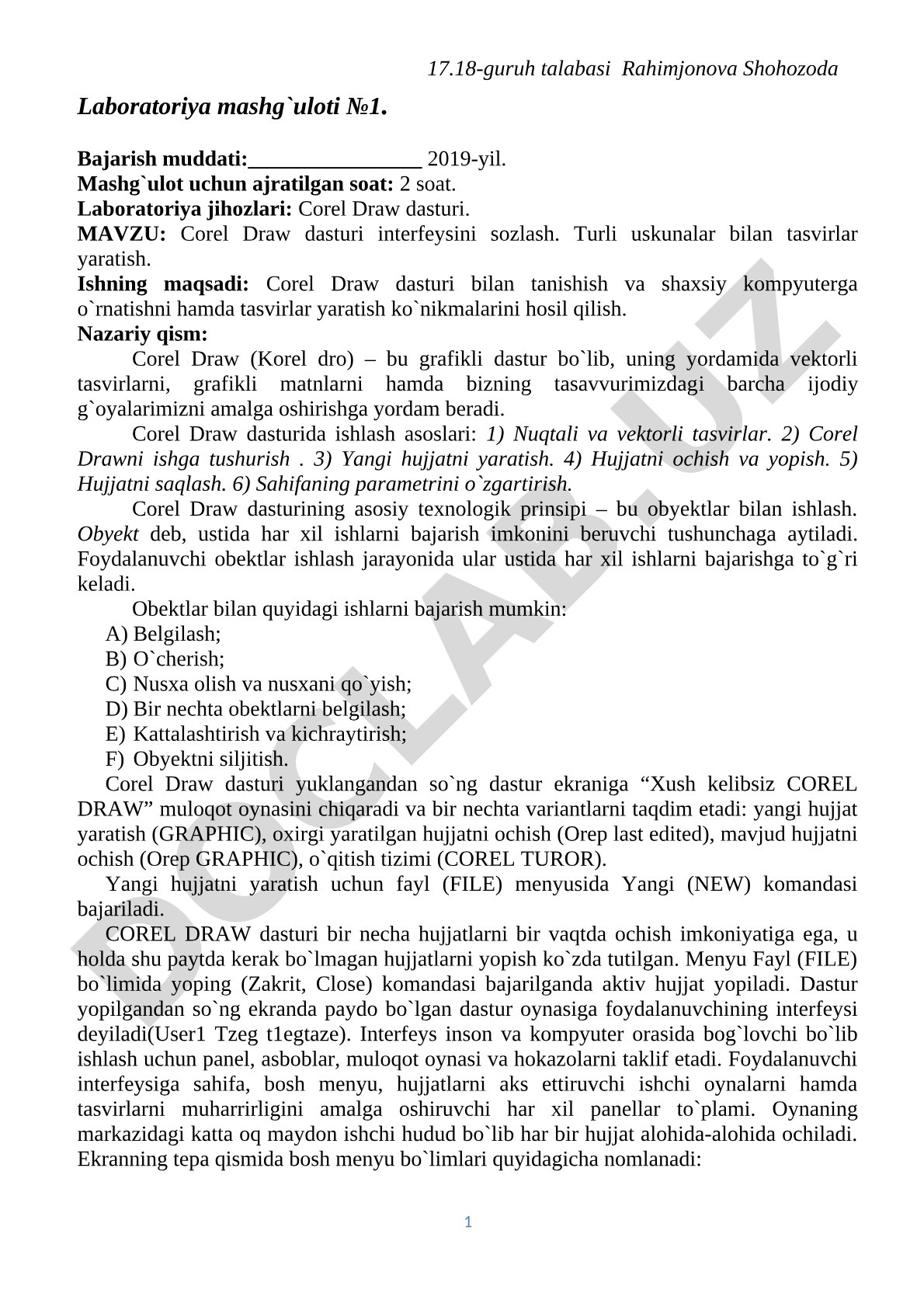 Corel Draw dasturi interfeysini sozlash va turli uskunalar bilan tasvirlar yaratish