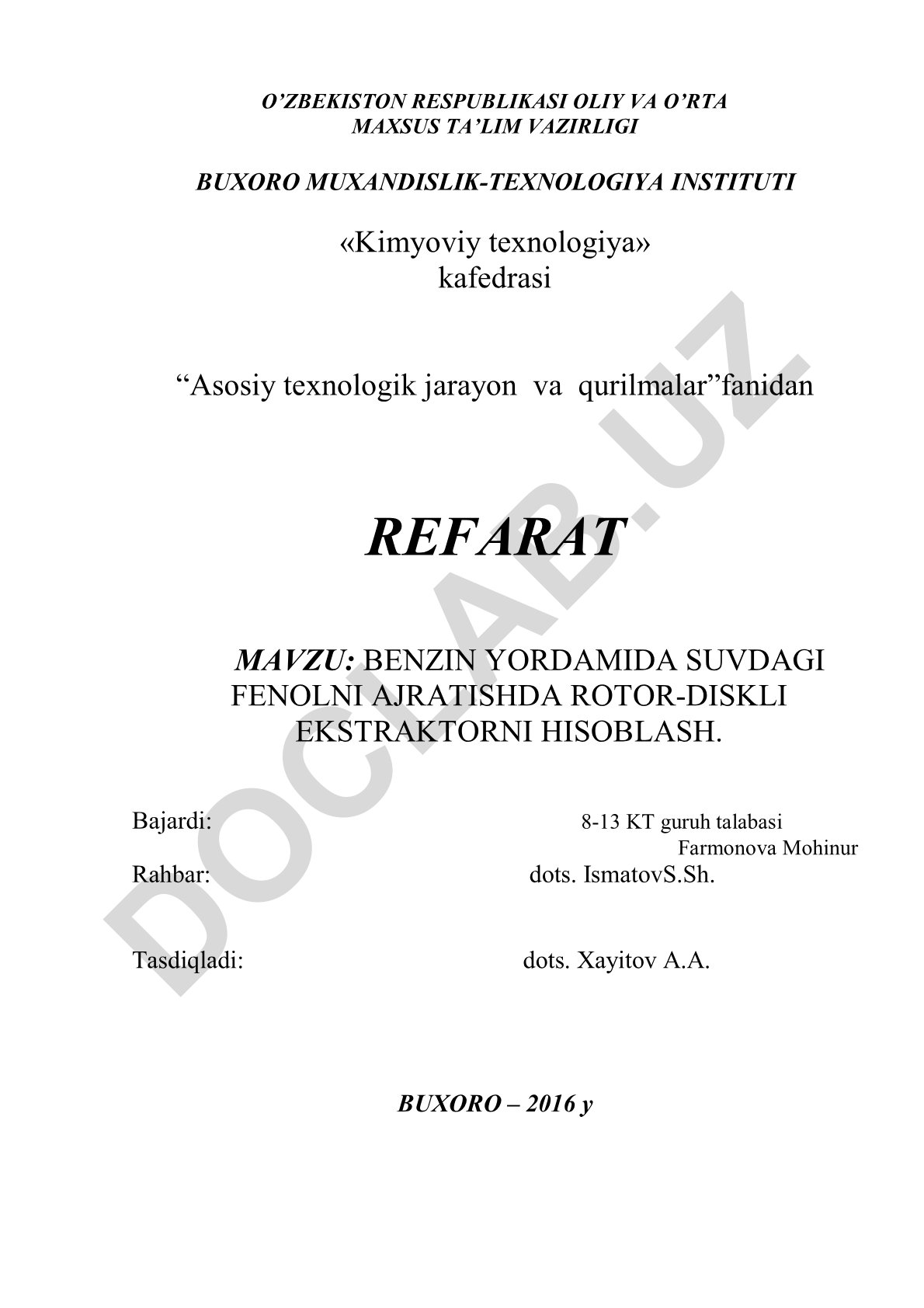 Benzin yordamida suvdagi fenolni ajratishda rotor-diskli ekstraktorni hisoblash