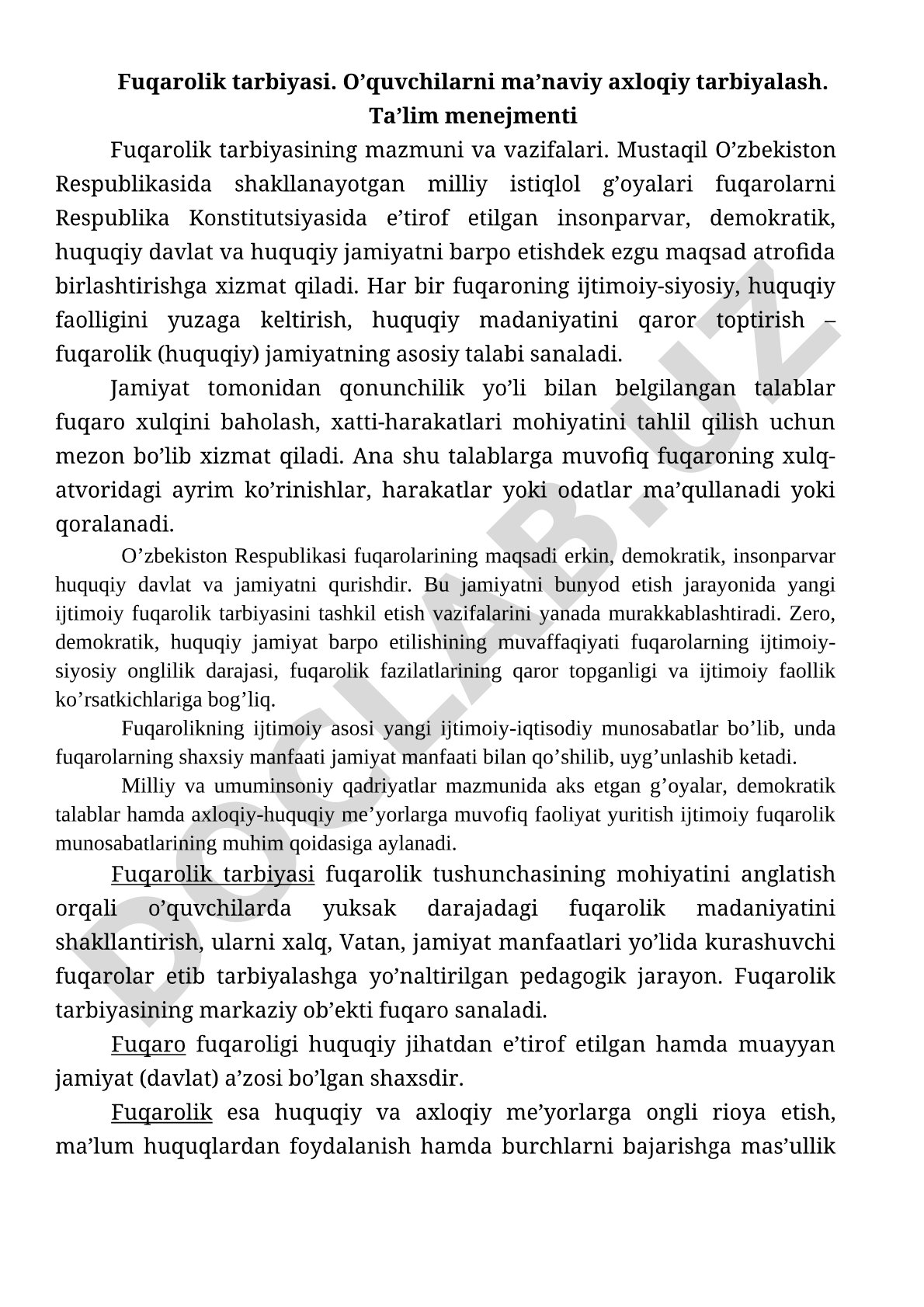 Fuqarolik tarbiyasi mazmuni va vazifalari