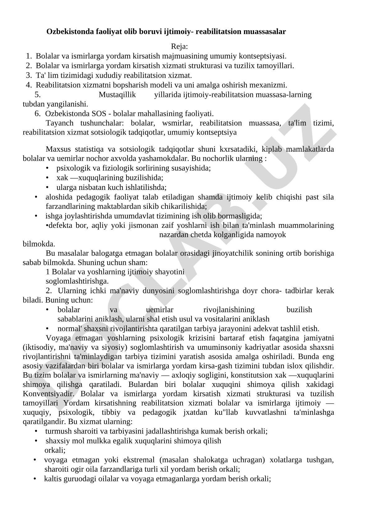 O'zbekistonda faoliyat olib boruvchi ijtimoiy-reabilitatsion muassasalar